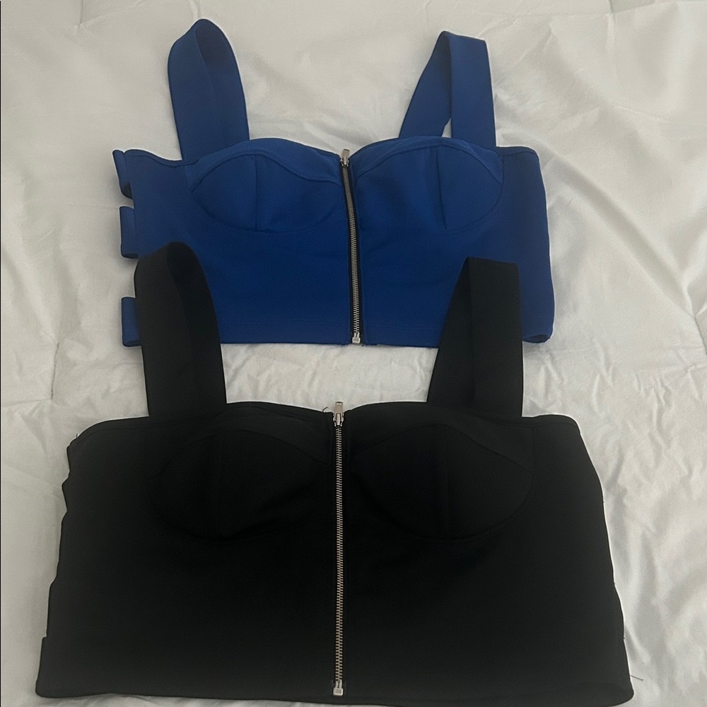 Women's Blue and Black Zippered Crop Tops Set